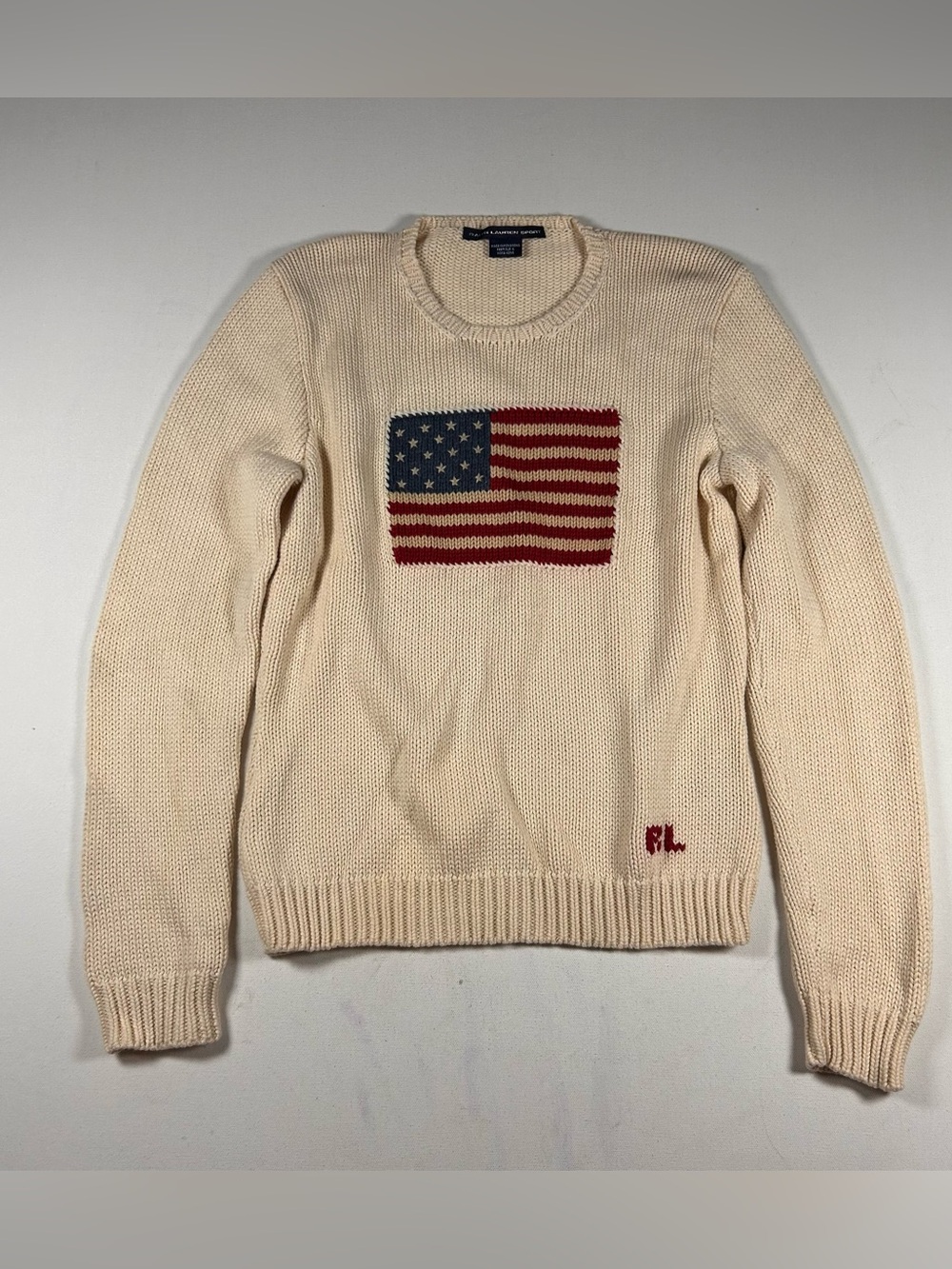 Ralph Lauren Sport W's L Iconic Flag Sweater Cotton Cream Crewneck USA 90s VTG